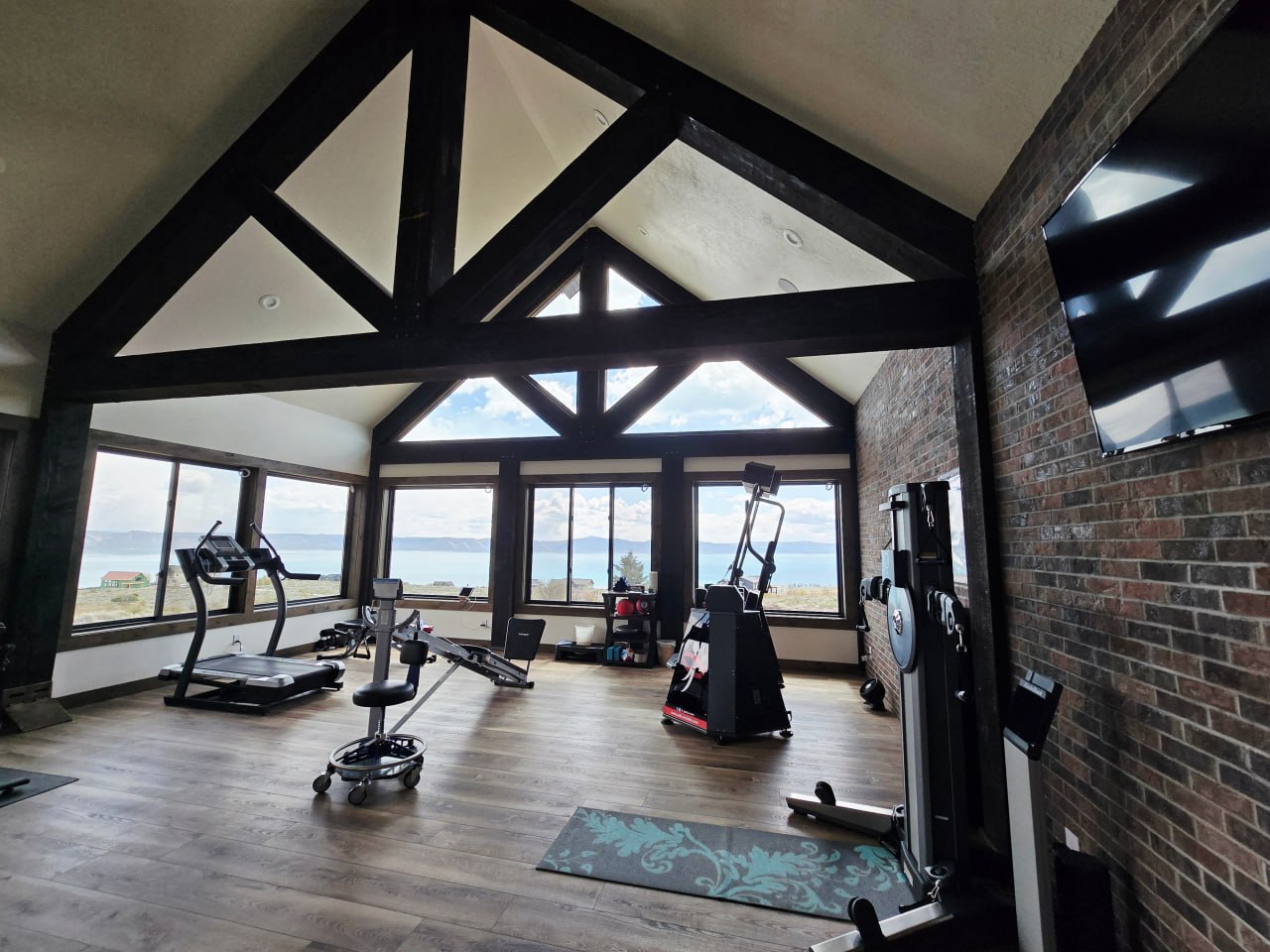 Gym with lake views
